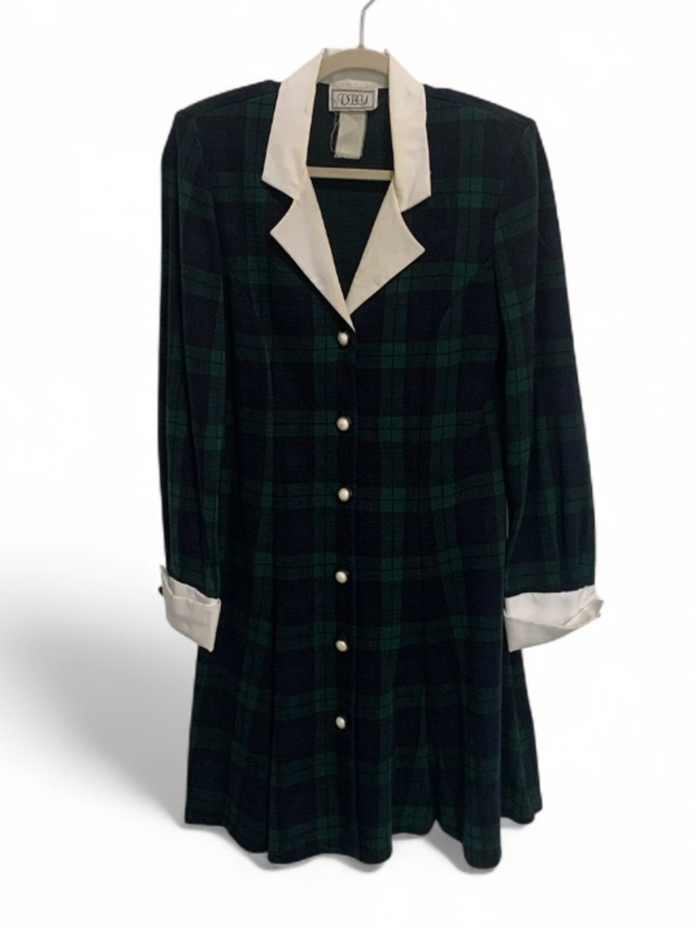 Vintage DBY Blue Green Plaid Button-Front Dress with White Trim